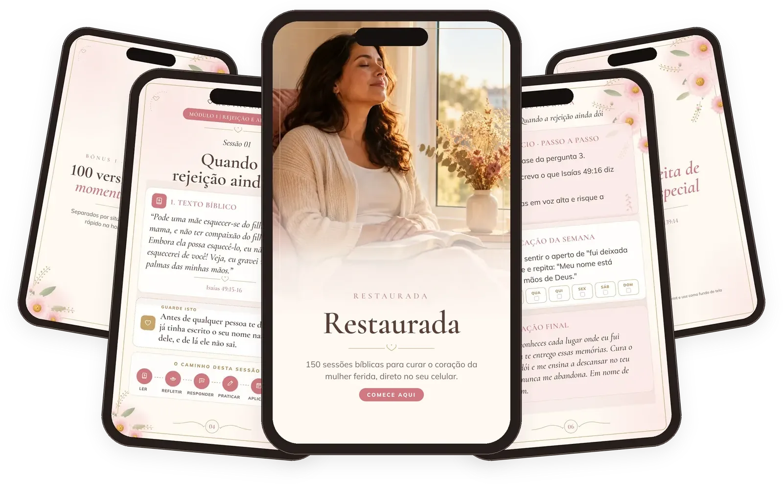 Kit Restaurada aberto em vários celulares: capa, sessões e bônus